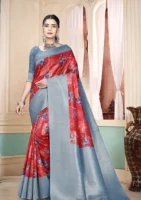 Scarlet Red Printed Kavarsa Silk Saree with Elegant Steel Grey Border