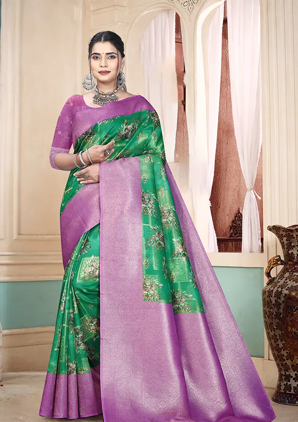 Lush Green Printed Kavarsa Saree with Bold Lavender Contrast Border