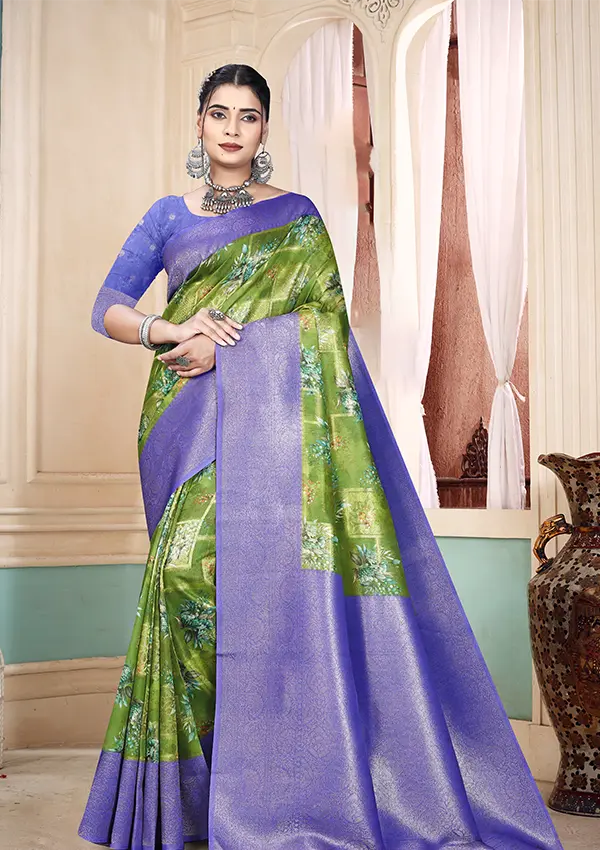 Vibrant Olive Green Printed Kavarsa Saree with Regal Lilac Border